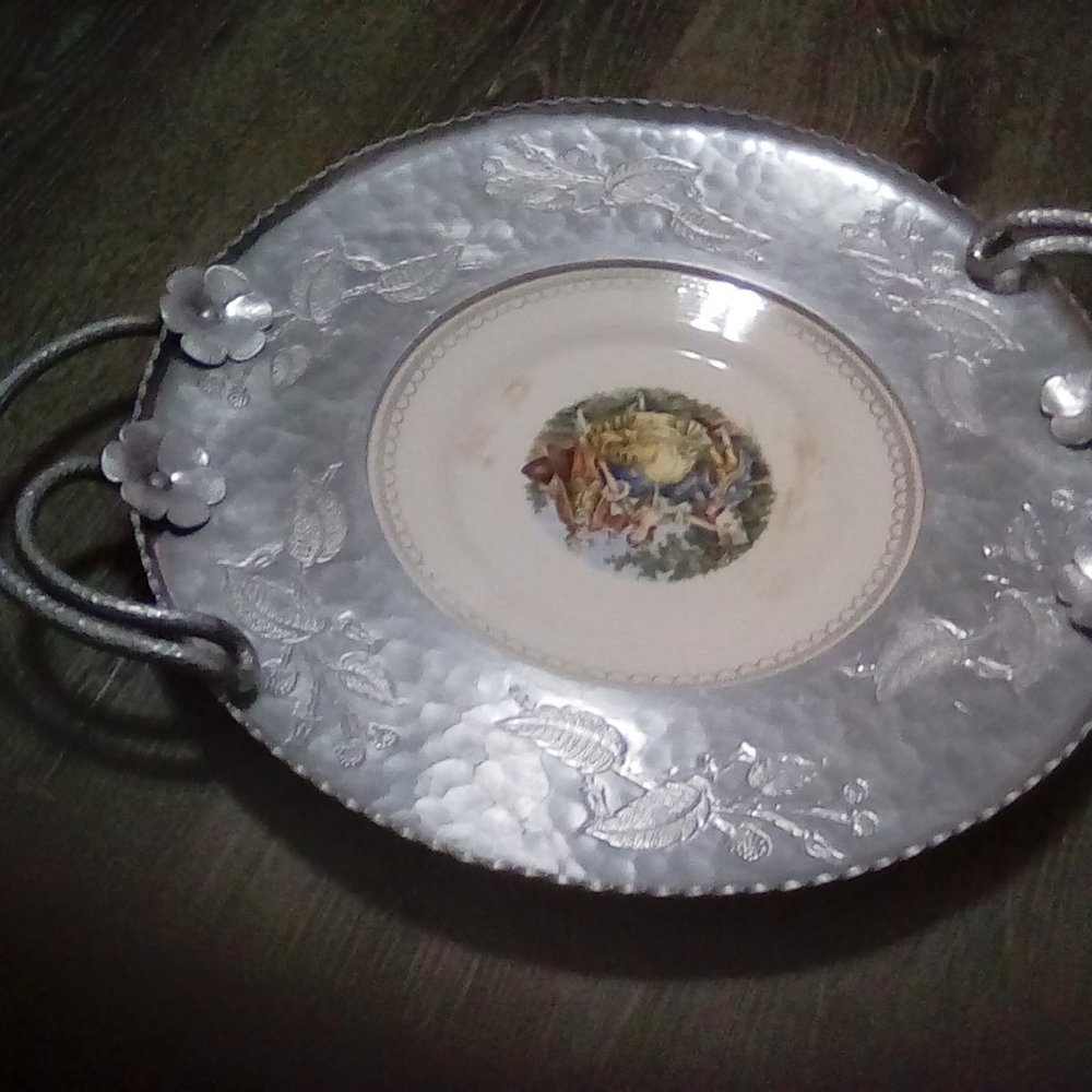 VINTAGE METAL SERVING TRAY FARBERWARE HAMMERED ALUMINUM TRAY LIMOGES CHINA